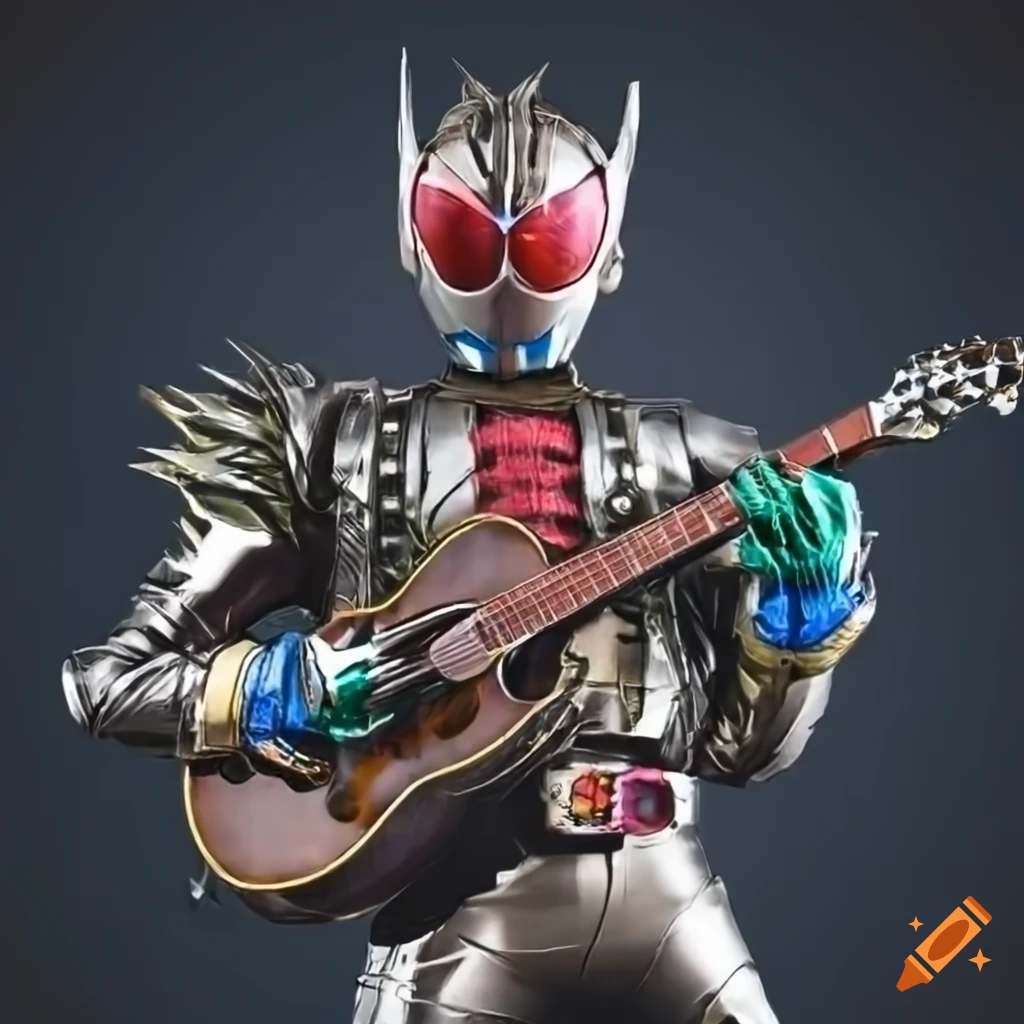 Kamenrider with metallic suit playing a guitar in spiked clothing and leather jacket