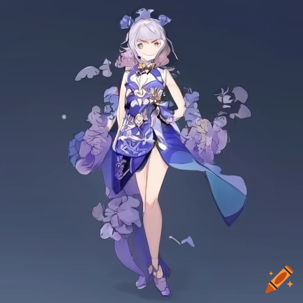 Genshin Impact woman in wisteria themed dress with silver ribbons