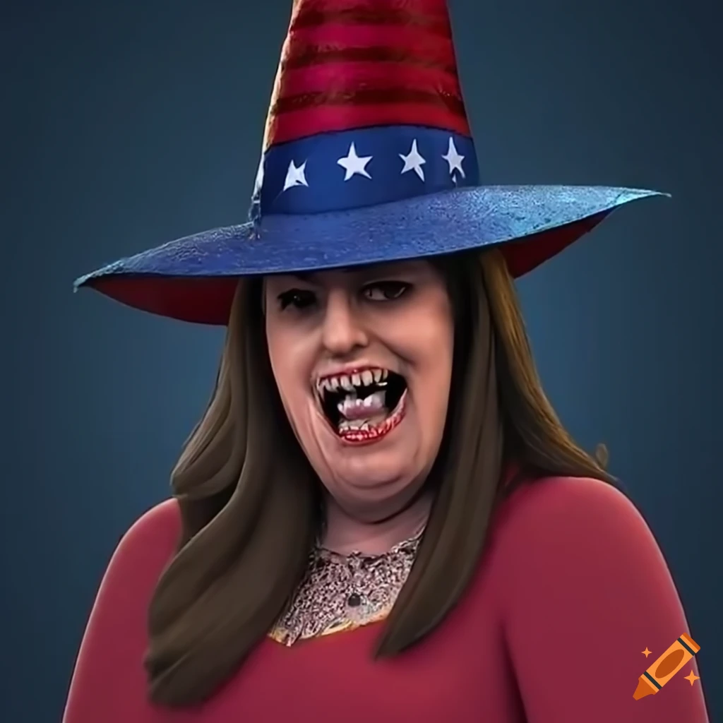 Representative elise stefanik in a witch hat surrounded by patriotic
