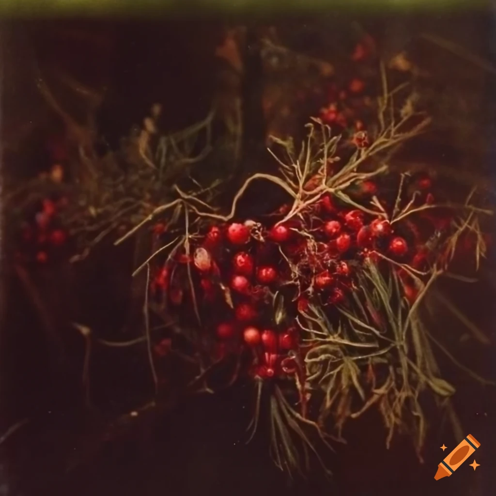 Vintage 1970s polaroid of coniferous branches with berries in deep darkness