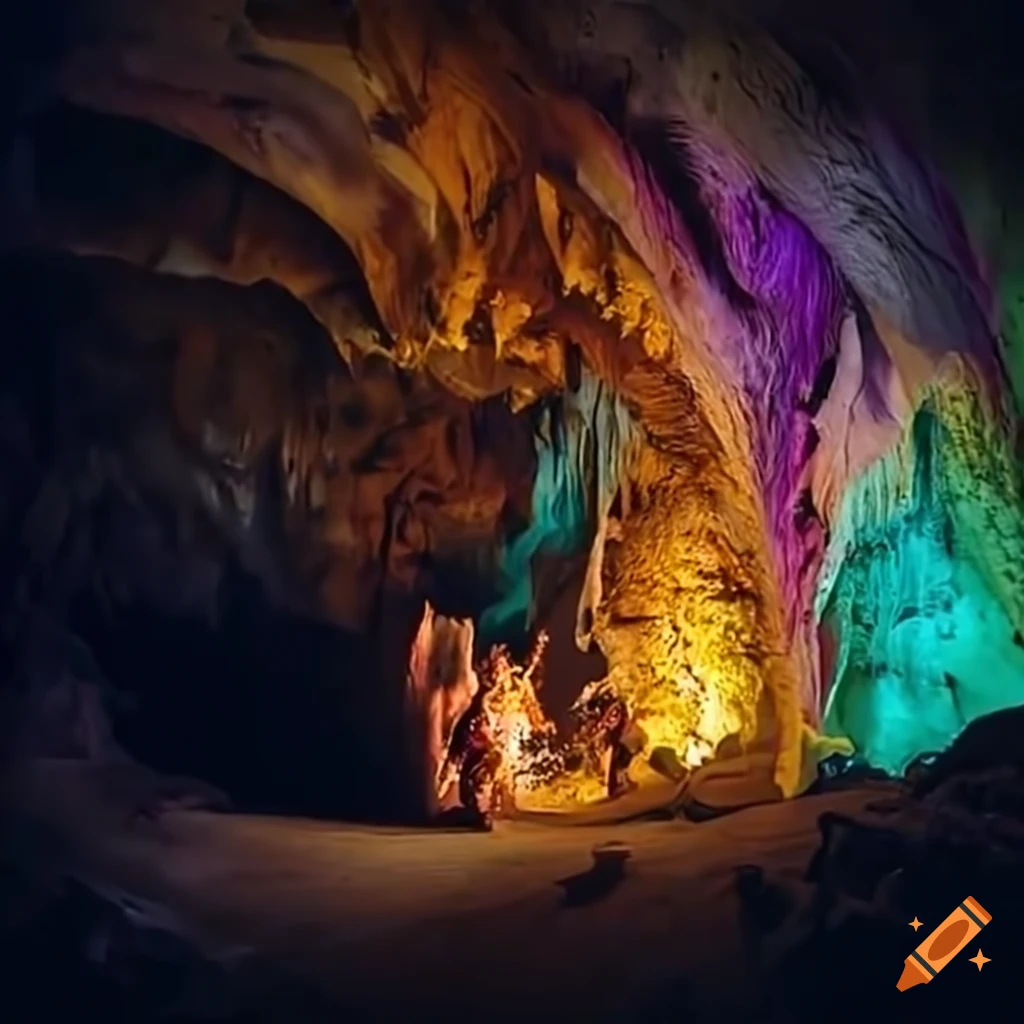 Group of cavemen playing rock'n roll in a colorful cave