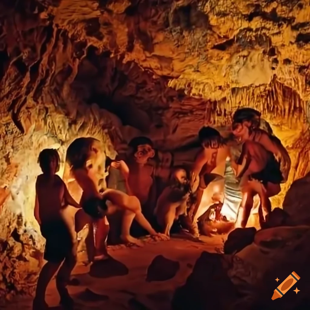 Group of cavemen playing rock'n roll in a colorful cave