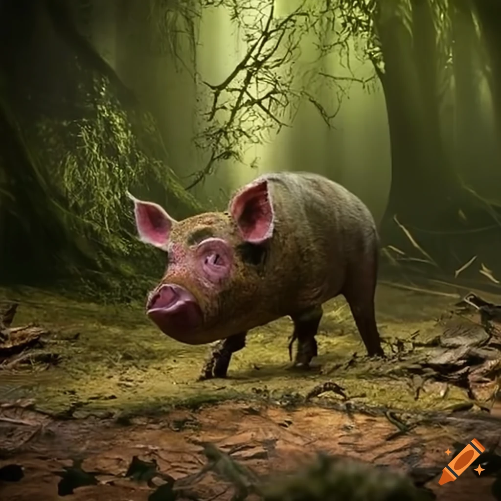 Pigs darting through the foliage in a Jurassic setting