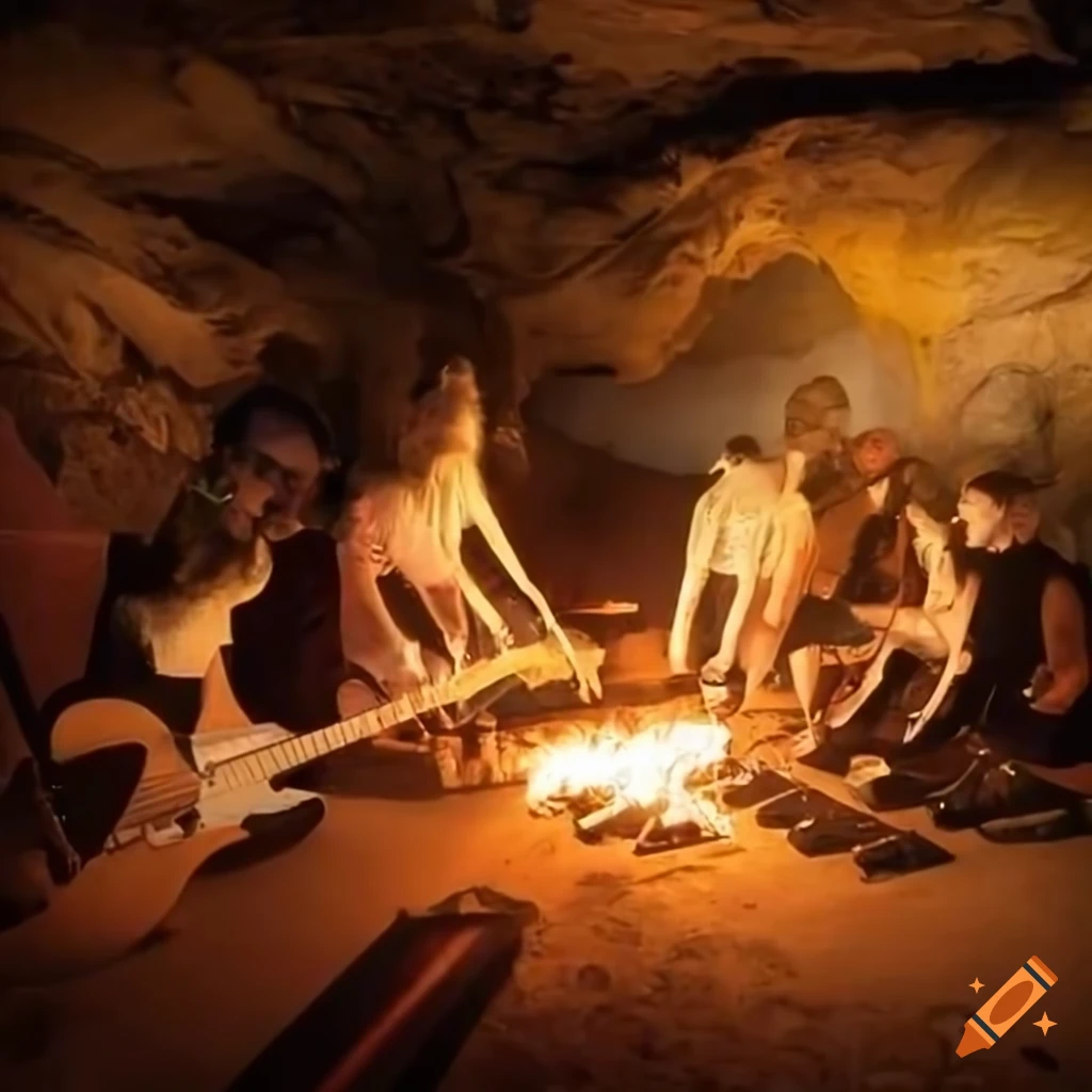 Group of cave people with electric guitars and hammond organ around a fire