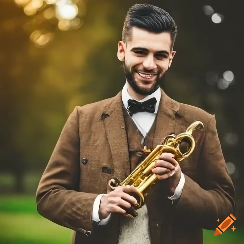 Stylish young man with beard holding a trumpet in a park