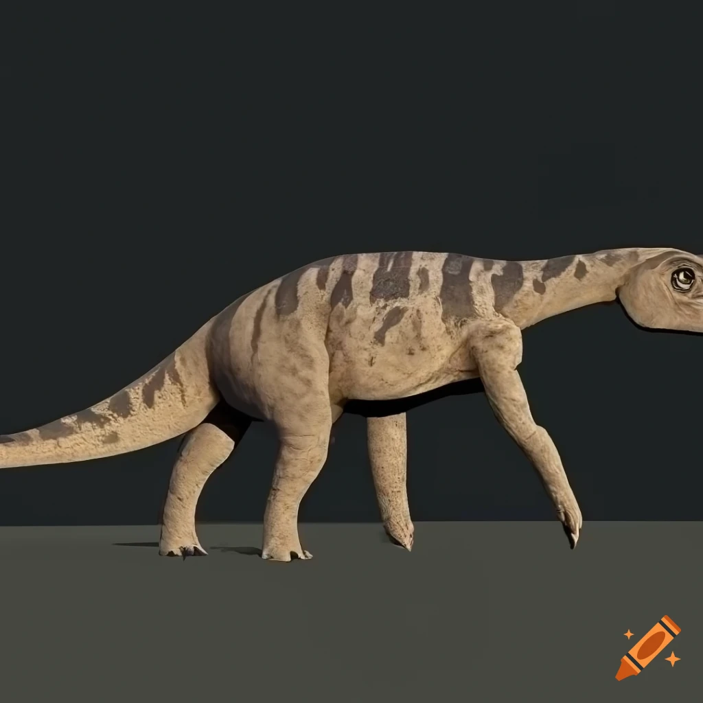 Hefty Hadrosaurus dinosaur with intricate motley color pattern and elephant-like skin texture in warm morning light
