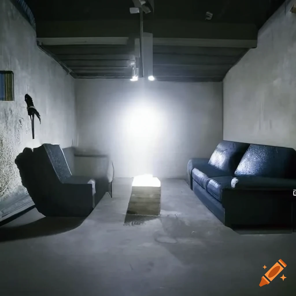 Underground man cave with work bench, lockers, and sofa