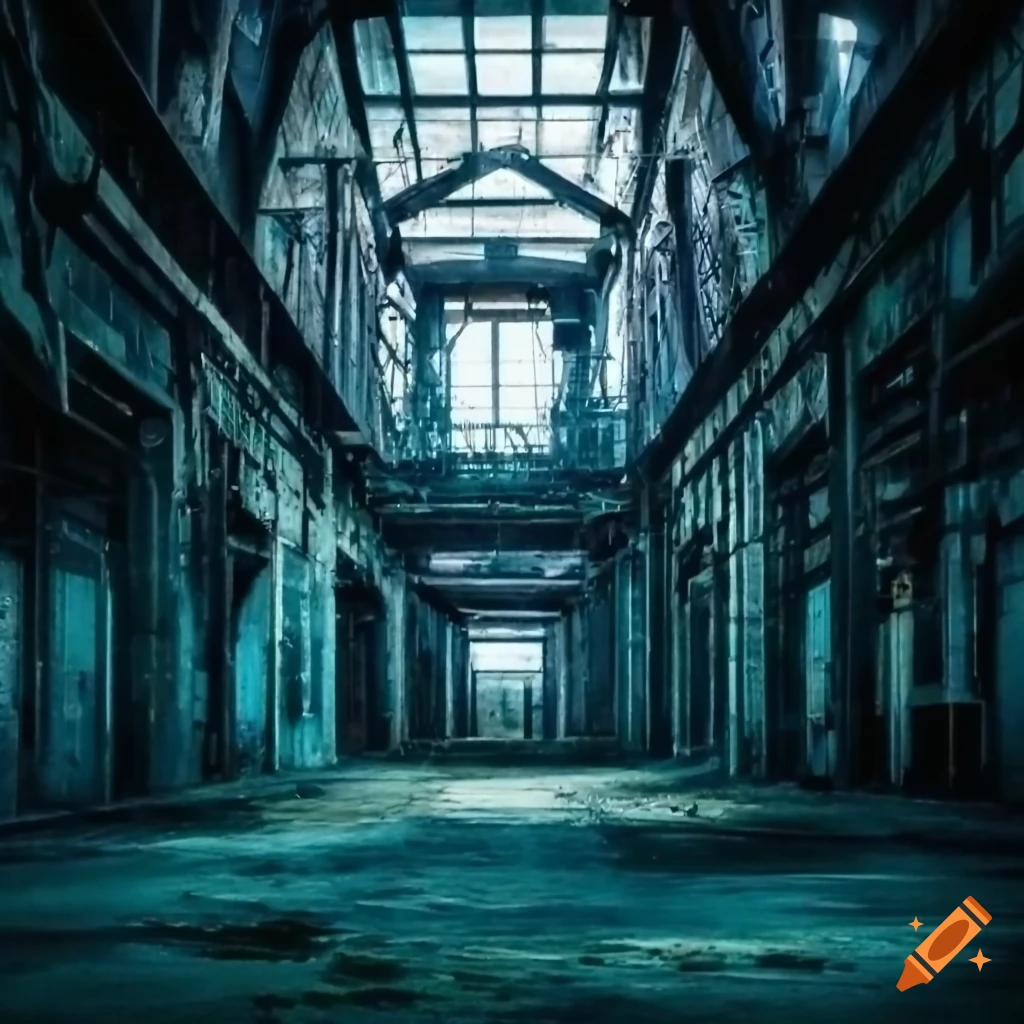 Derelict underground warehouse with scrap metal and machinery