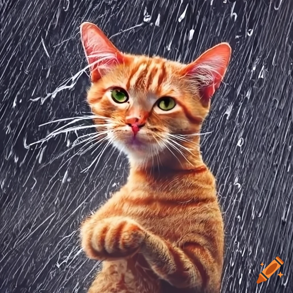 Orange cat dancing in the rain on Craiyon