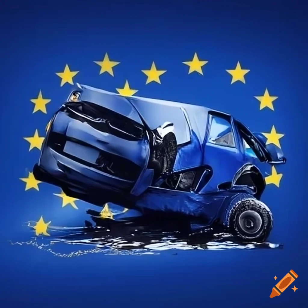 Car crash into a wall with EU flag in the background