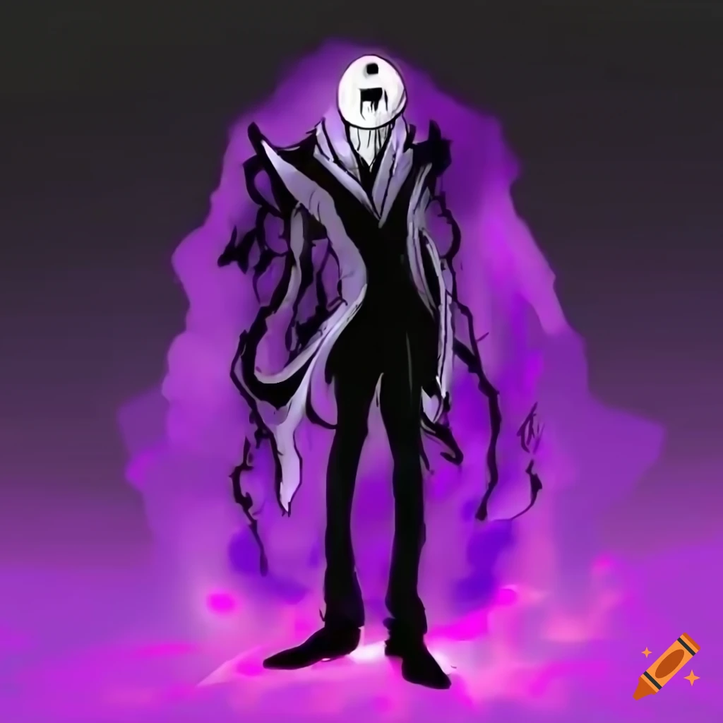 Gaster with black coat and purple outlines, glowing purple aura, in cosmic space