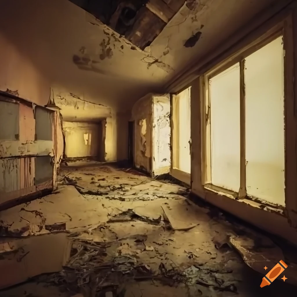 Abandoned flooded basement room filled with boxes and peeling pastel colors paint under heavenly gold fog