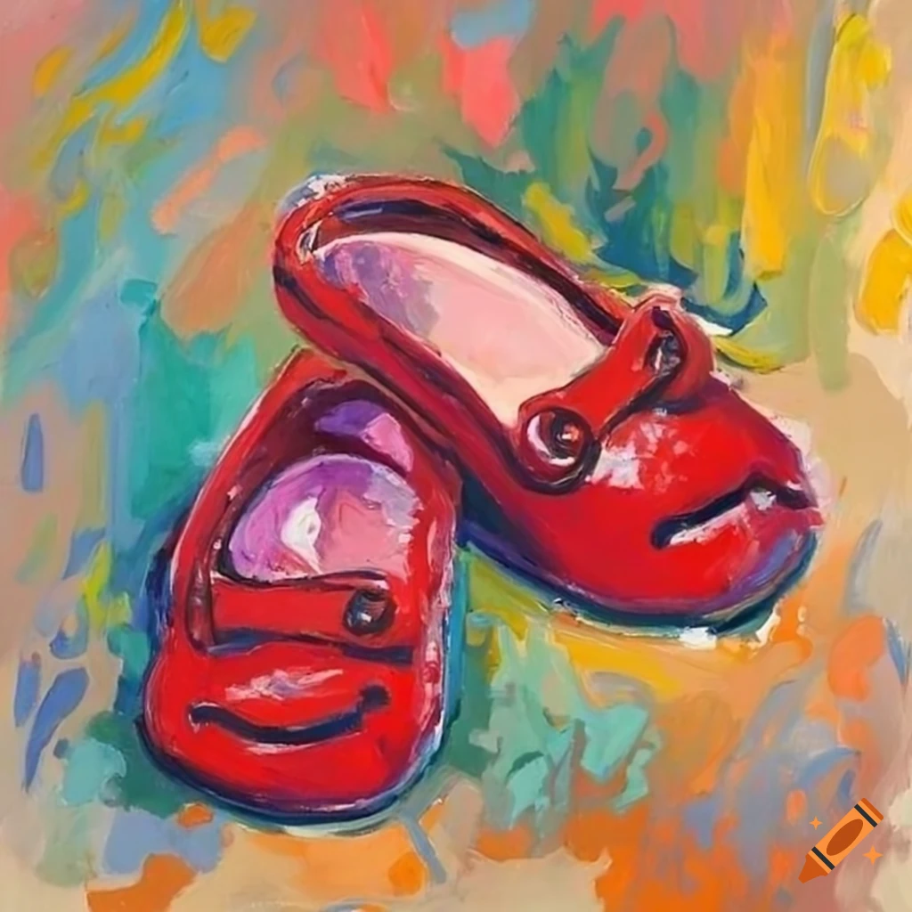 Colorful fauvism painting of a cute baby wearing red shoes