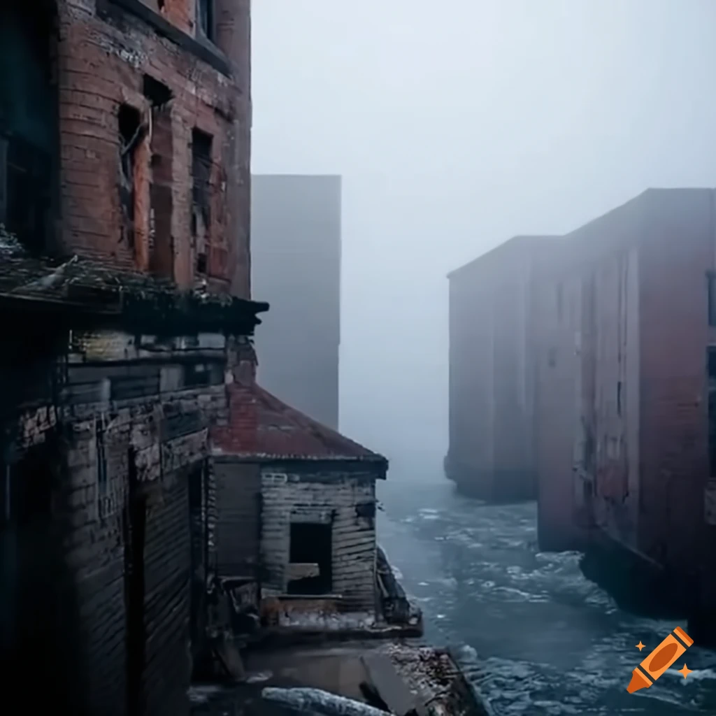 Walkway between sinking abandoned buildings in thick golden fog