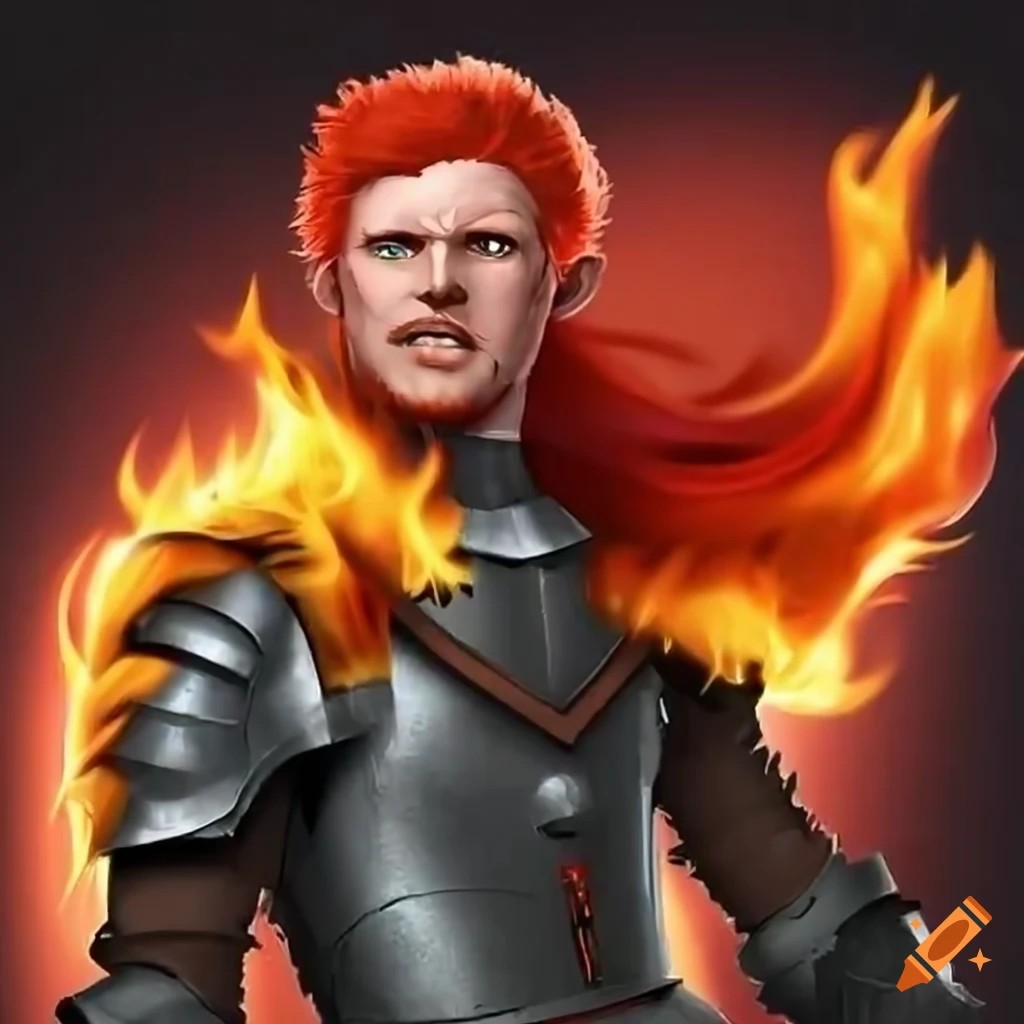 Red haired male knight wielding flames on Craiyon
