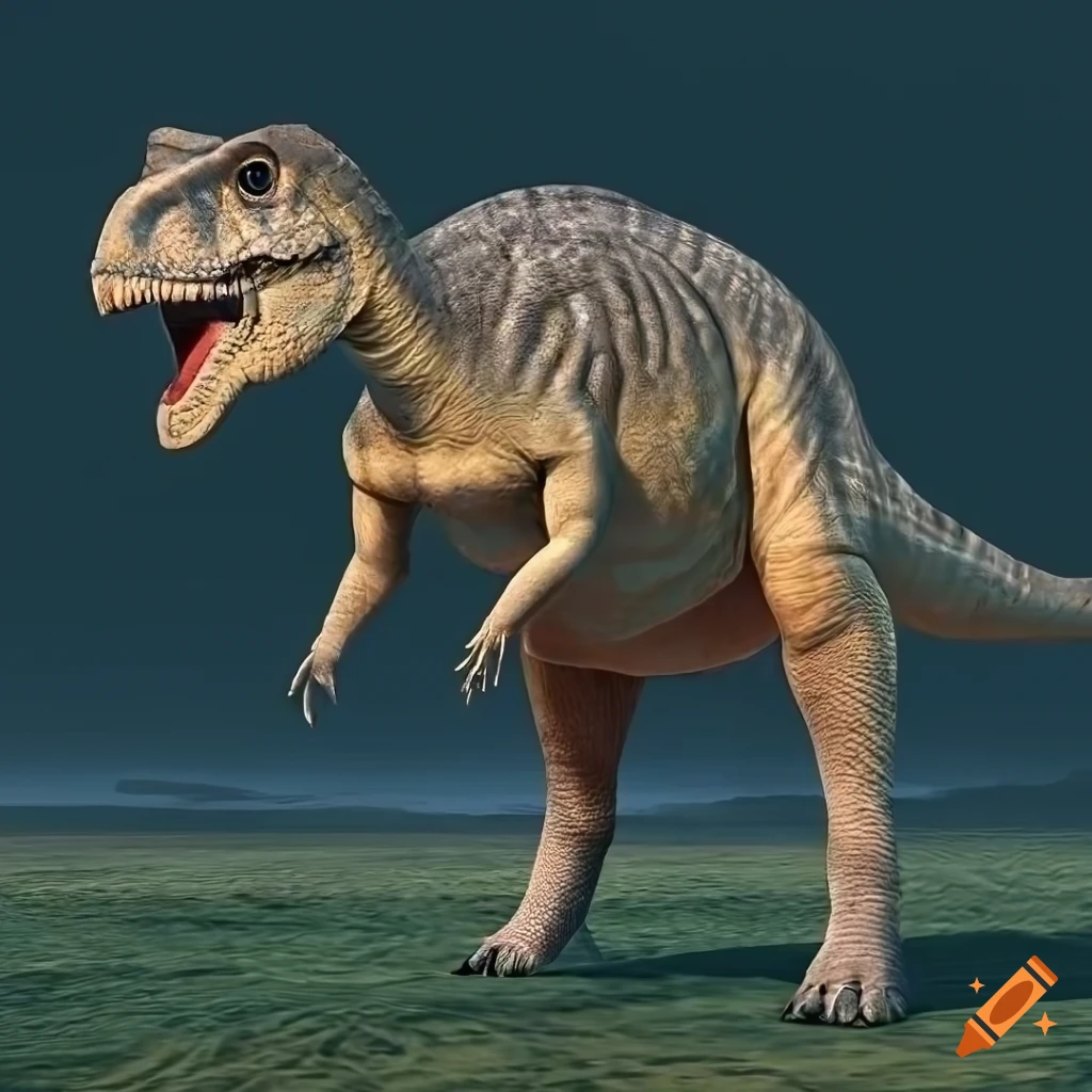 Hefty Hadrosaurus dinosaur with intricate motley color pattern and elephant-like skin texture in warm morning light