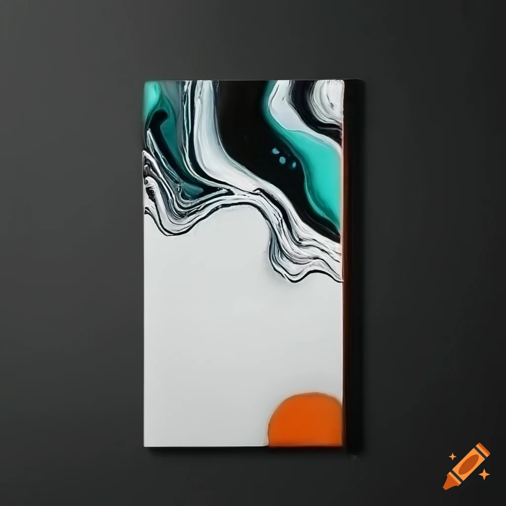 Minimal acrylic pour paint with white, orange, and turquoise colors on