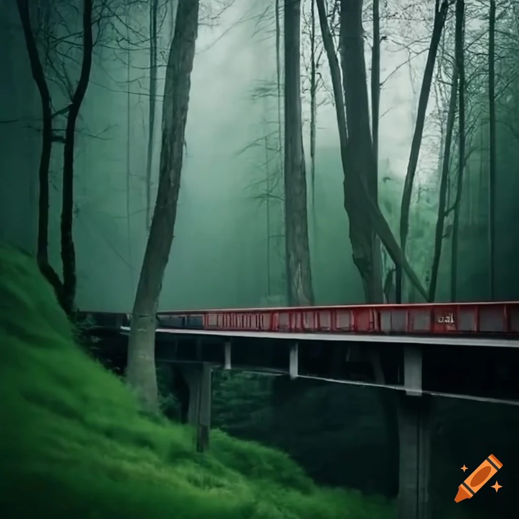 Scenic mountainous forest with a large train bridge on Craiyon