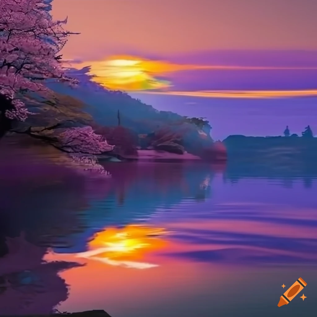 Mountain lake at sunset with sun's rays reflecting on the water