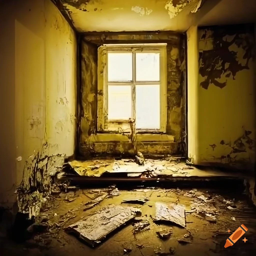 Abandoned flooded basement room filled with boxes and peeling pastel colors paint under heavenly gold fog