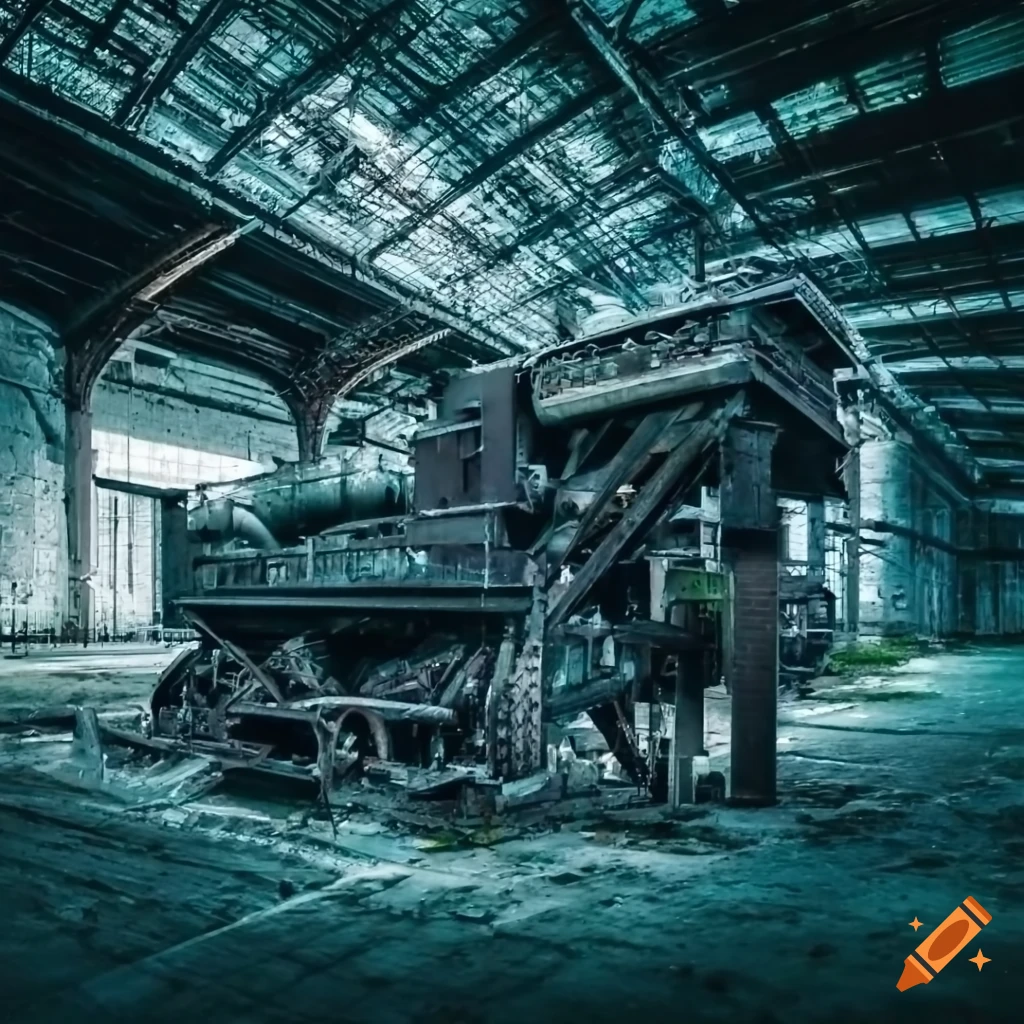 Derelict underground warehouse with scrap metal and machinery