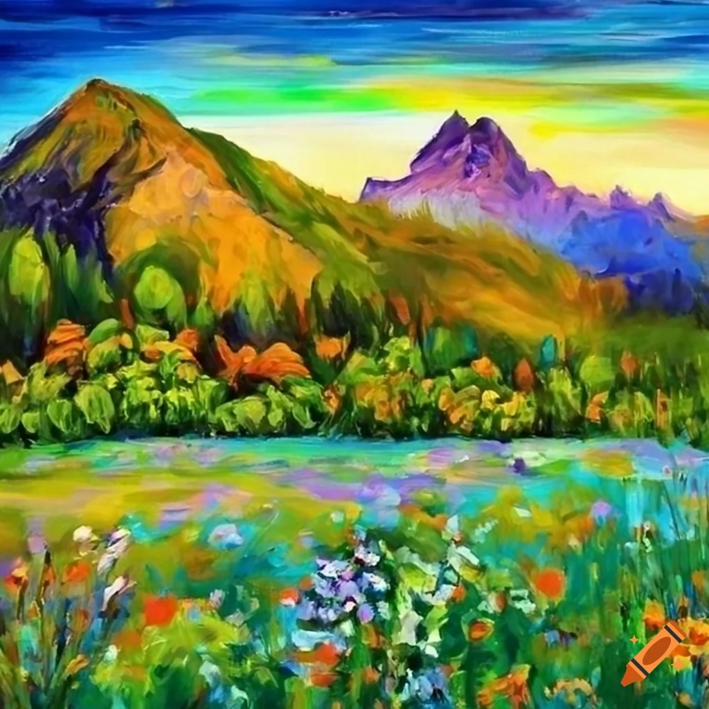 Colorful field of flowers with a mountain in the background in a ...