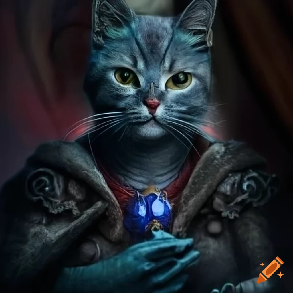 Blue grey cat-person sorcerer pirate with ornate amulet