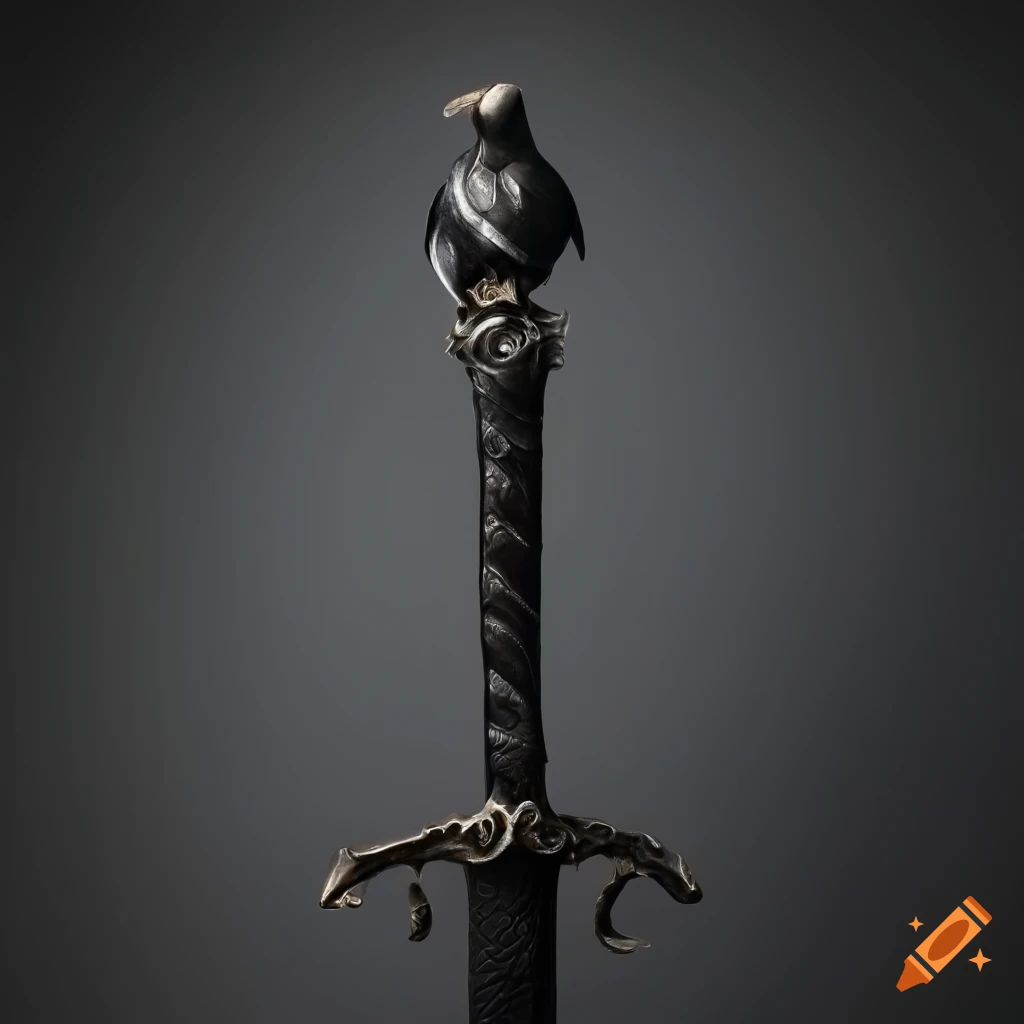 Exquisitely detailed black metal longsword with raven's head handle
