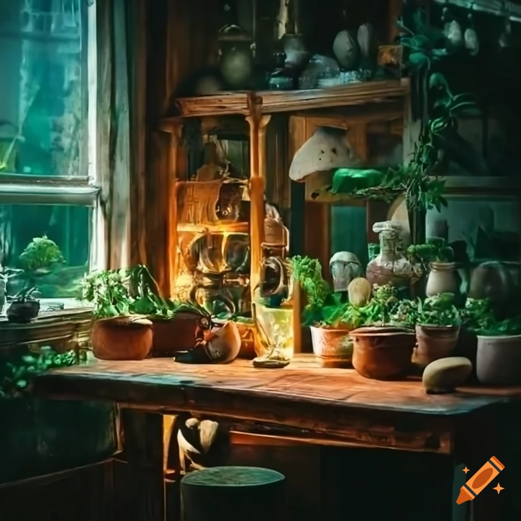 Wood table top inside Victorian greenhouse with greenery, hedgehog, mushrooms, and apothecary bottles