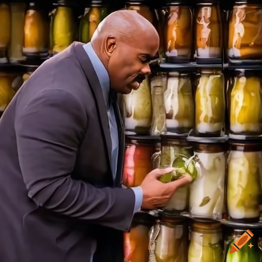 Comedian Steve Harvey taking lots of pickles from a grocery store