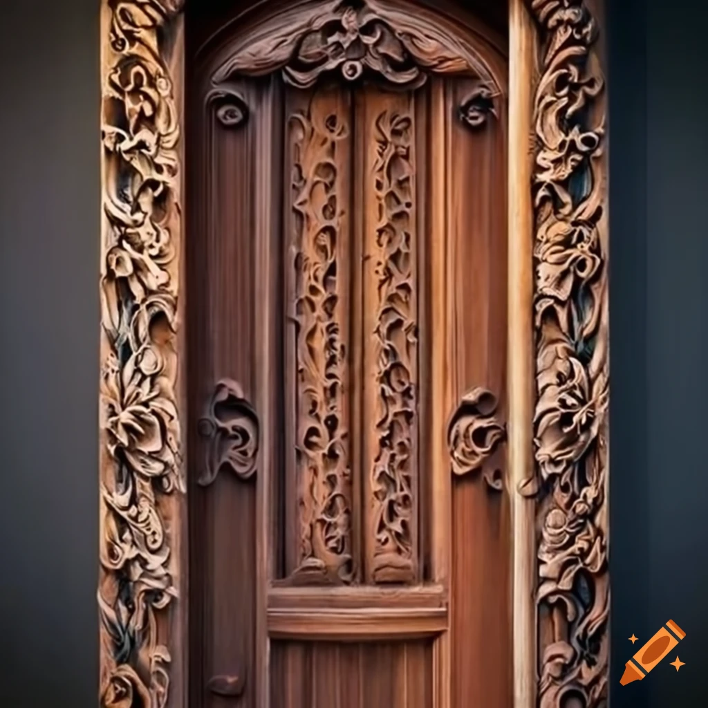 Elegant wooden door frames with intricate vine patterns on Craiyon
