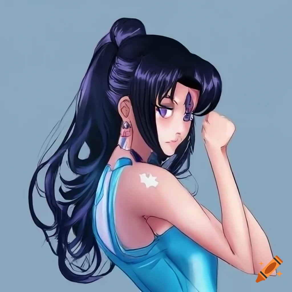 Black-haired Sailor Moon in a blue dress fist-fighting