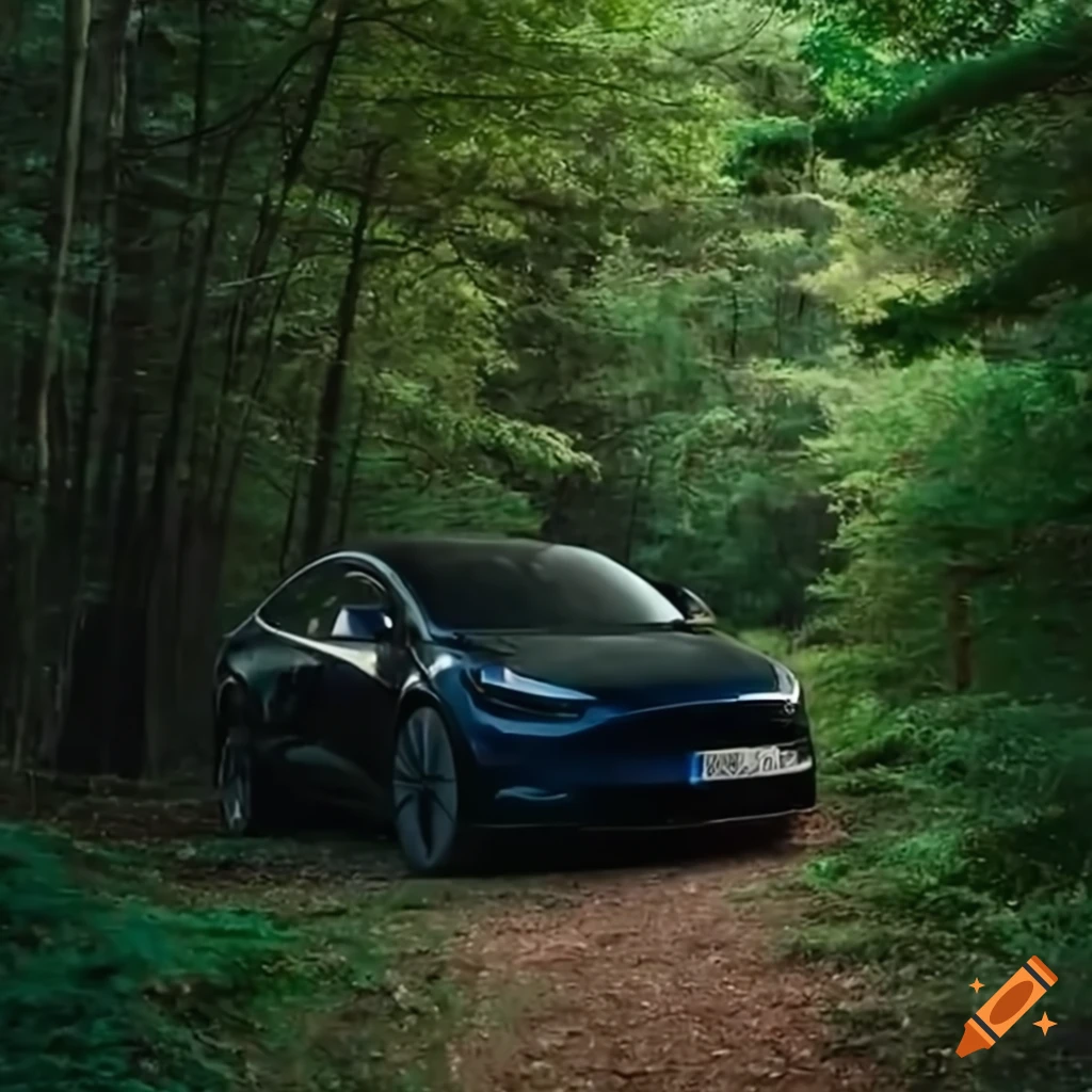 Tesla model y 2024 on a forest path on Craiyon
