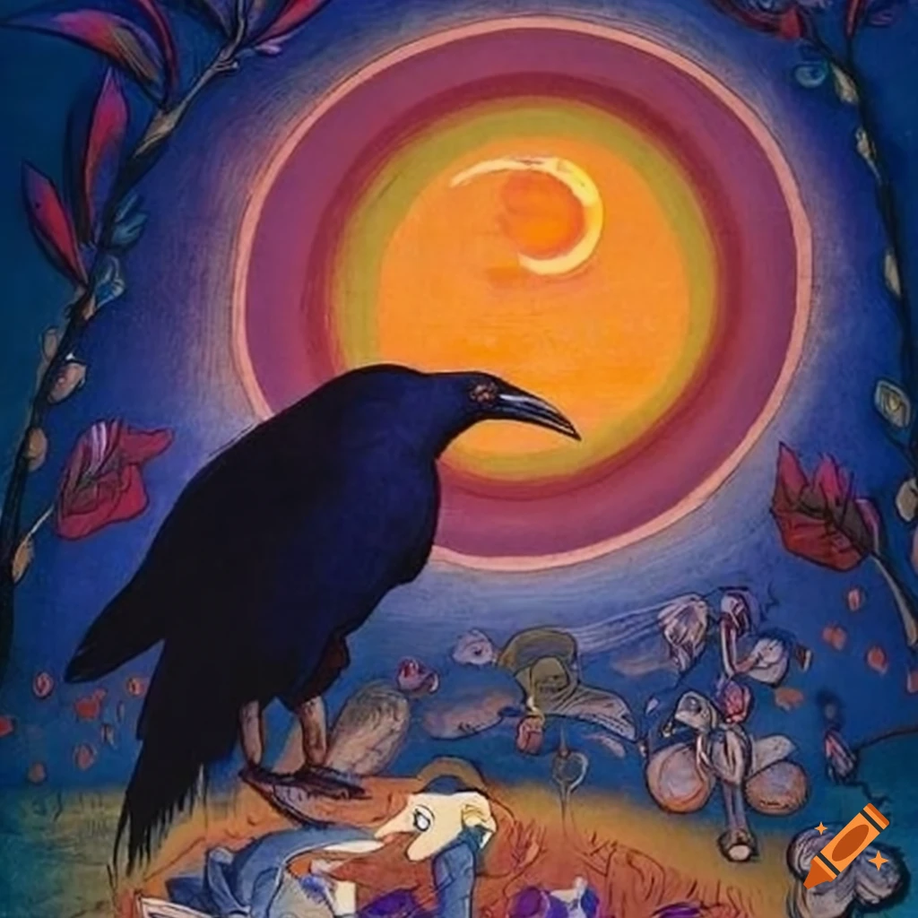 Storybook illustration stone lithograph of a mystical Curandera Raven and elegant Mother Goose in peacock cloak
