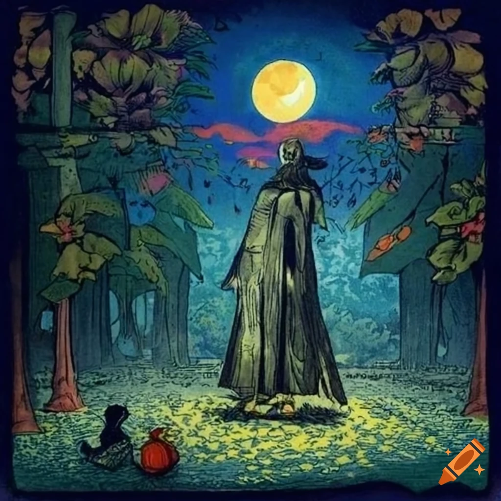 Storybook illustration stone lithograph of a mystical Curandera Raven and elegant Mother Goose in peacock cloak