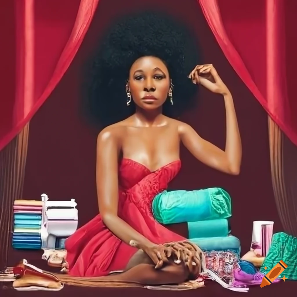 Black woman sewing surrounded by drapes and sewing supplies
