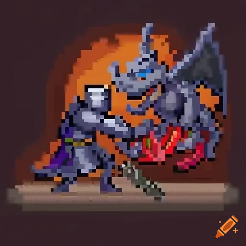 Pixel art knight battling a dragon on Craiyon