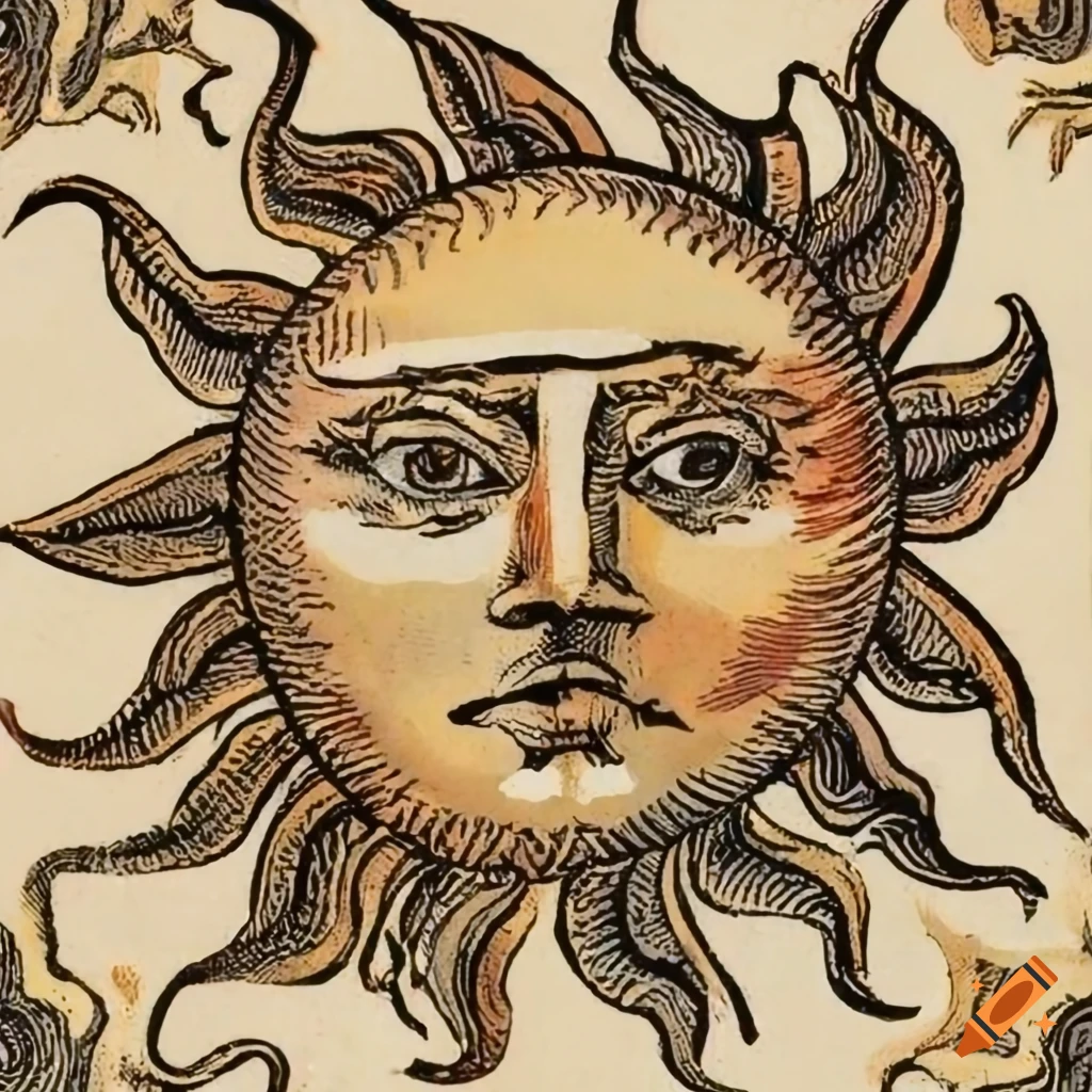 Medieval woodcut of a stern-faced sun glancing to the left on Craiyon
