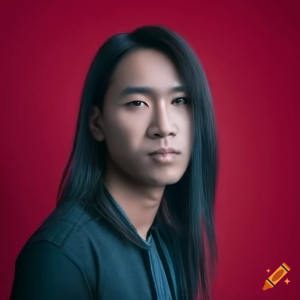 Detailed closeup portrait of a striking adult Asian male model with long hair and light blue fashion accessories