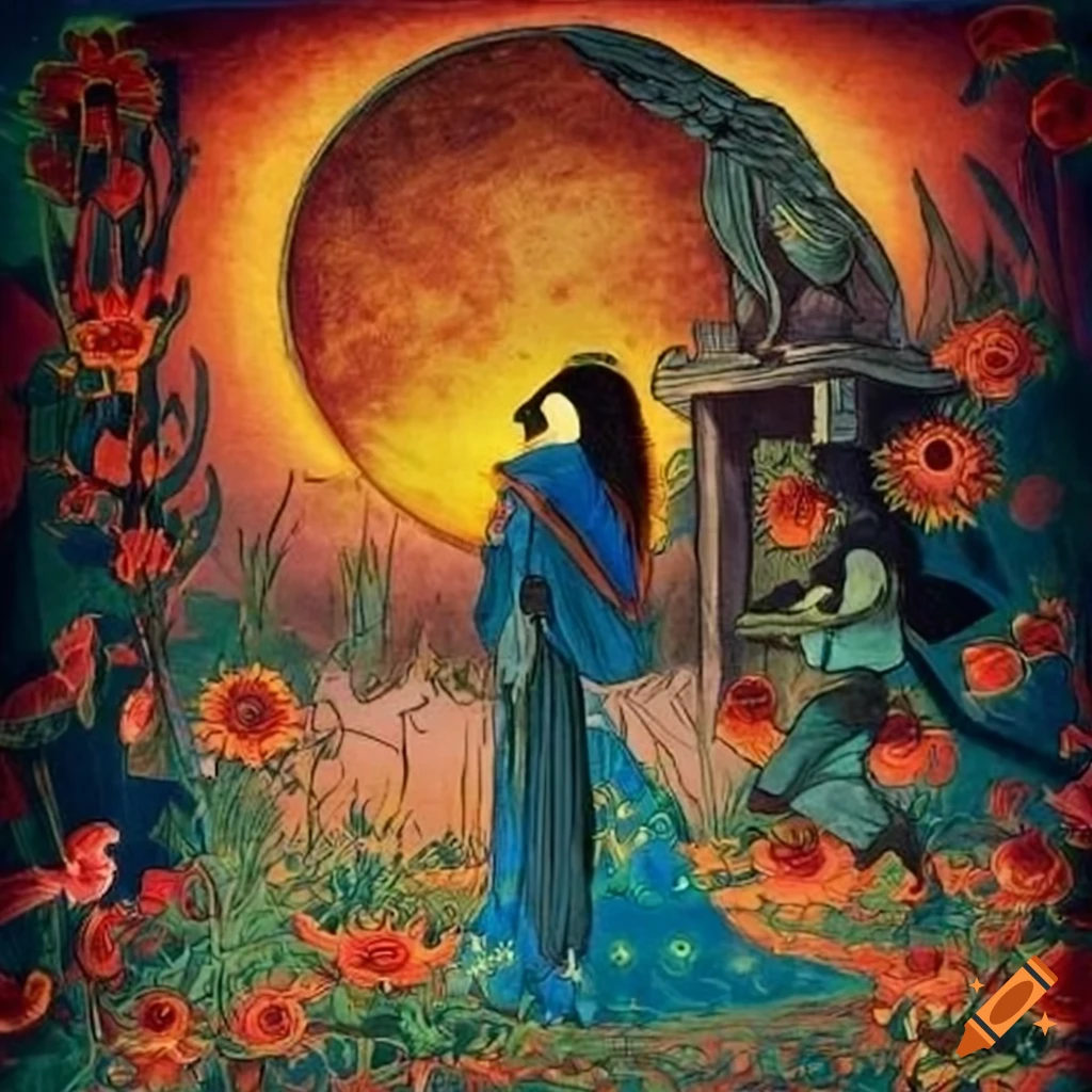 Illustration of a mystical Curandera Raven and Mother Goose in dark hooded cape