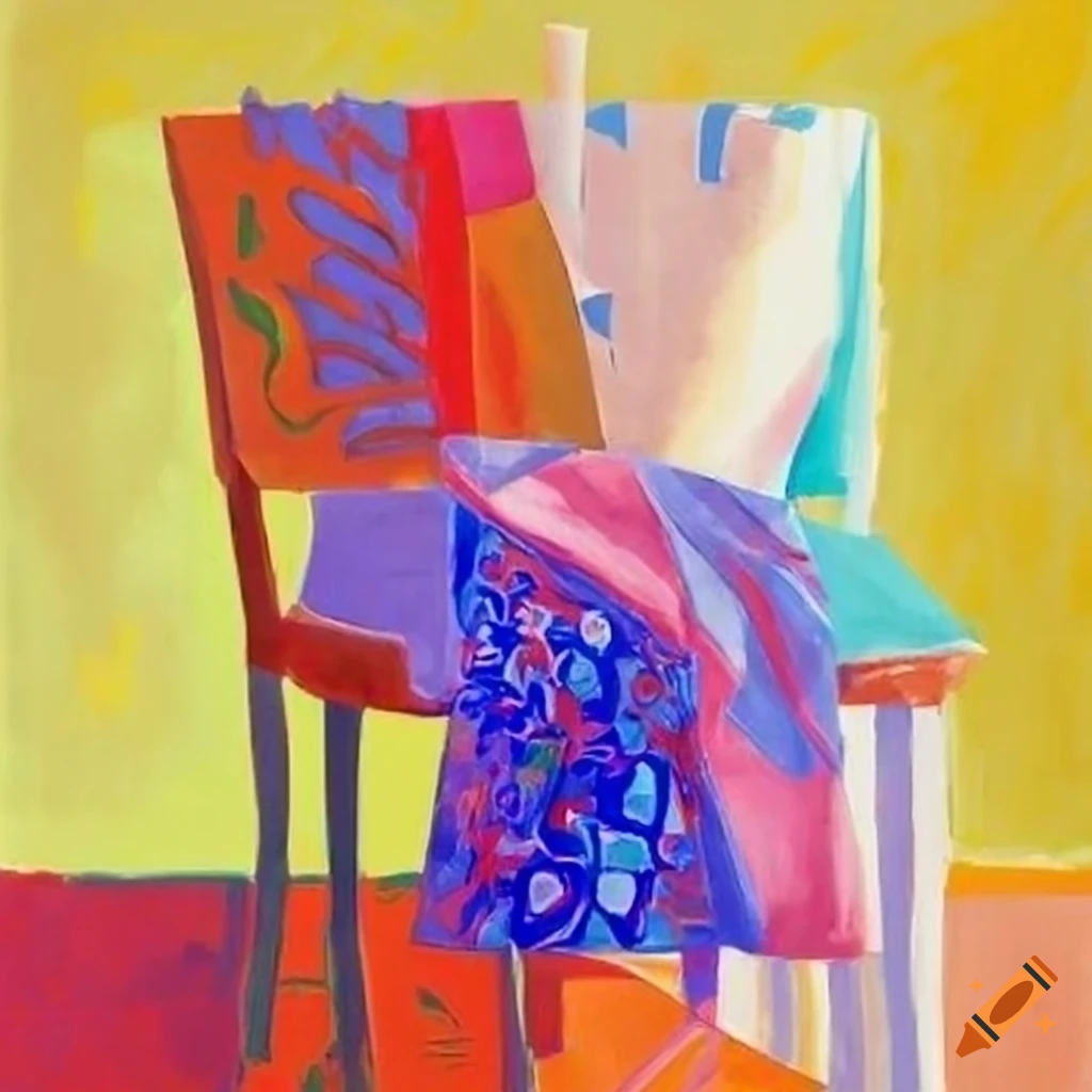 Colorful patterned napkins on table with art by Georges Braque and David Hockney in background