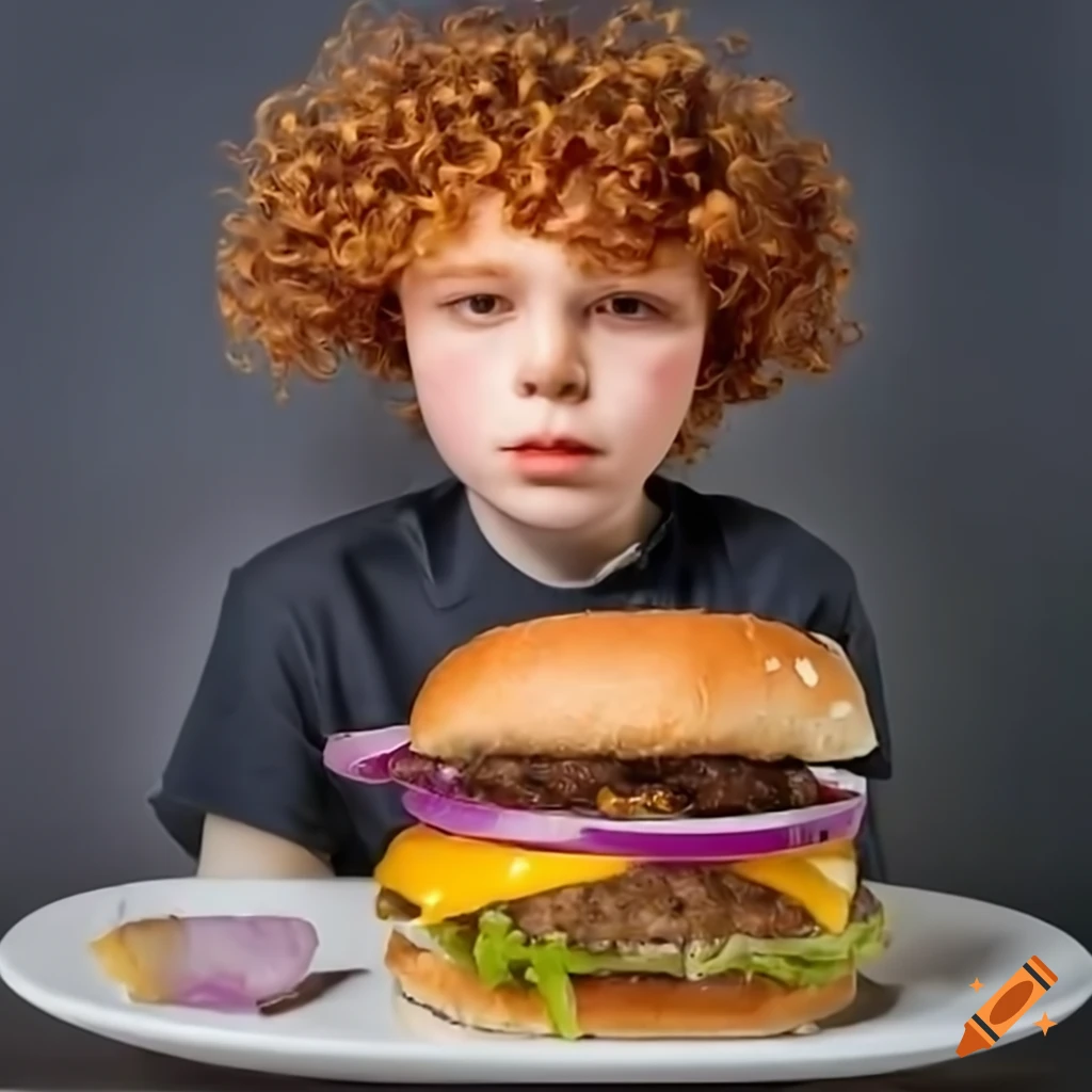Delicious burger with mayo, bacon, and cheese being enjoyed by a ginger boy