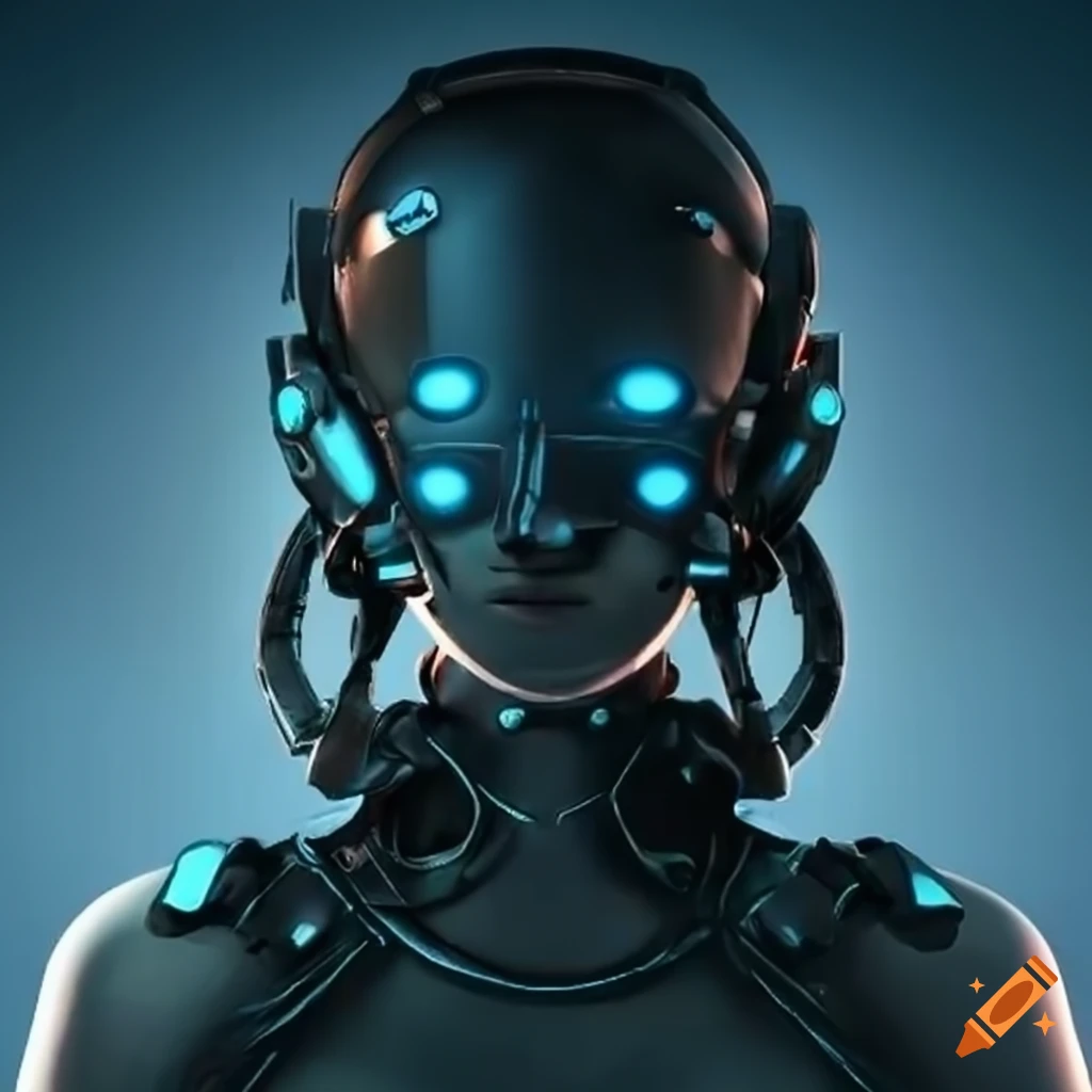 Female wearing a cybernetic helmet