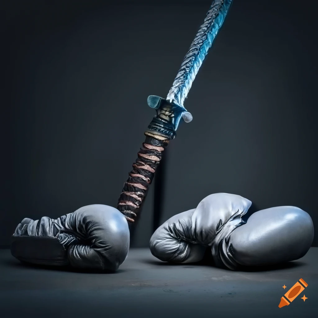 Boxing gloves, samurai sword, and karate black belt on the ground