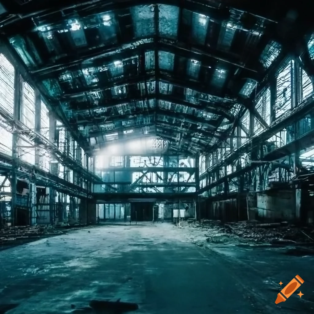 Derelict underground warehouse with scrap metal and machinery
