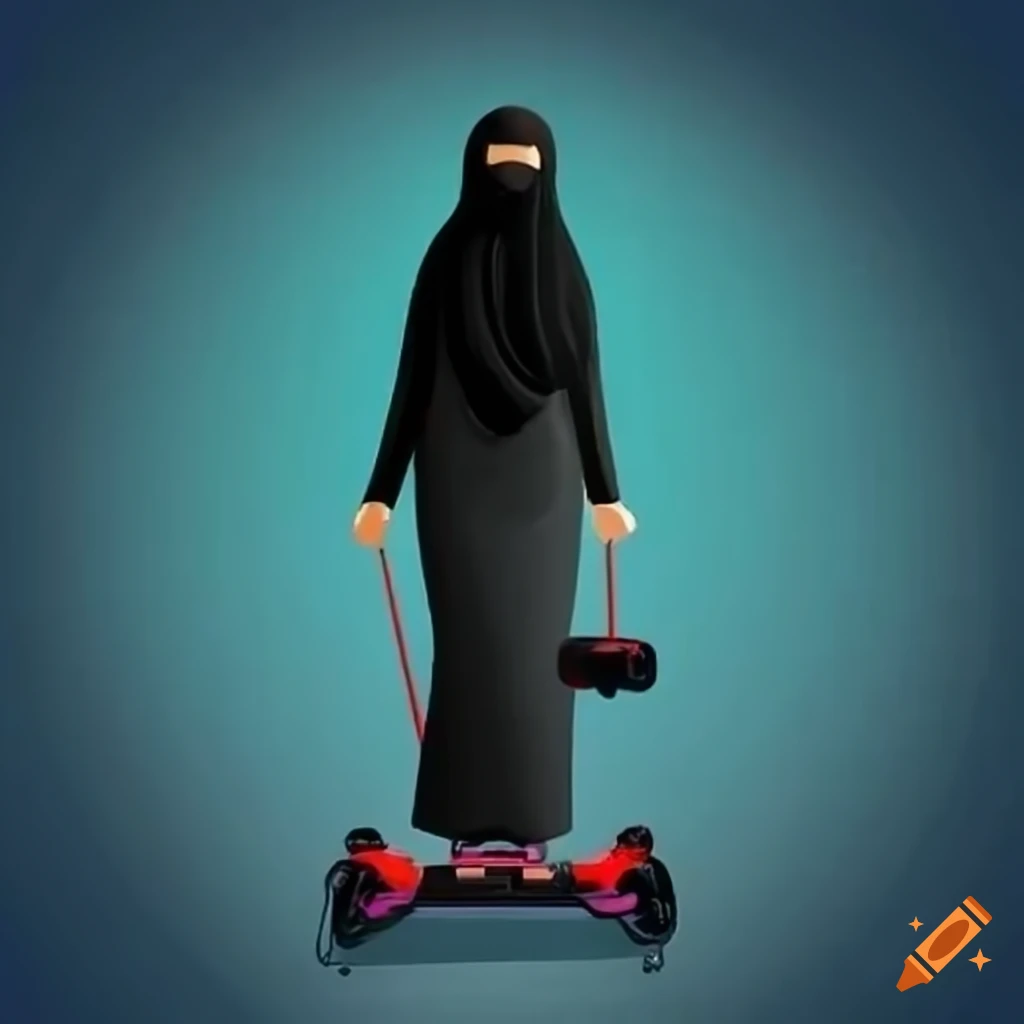 Woman in black niqab riding an electric kickboard