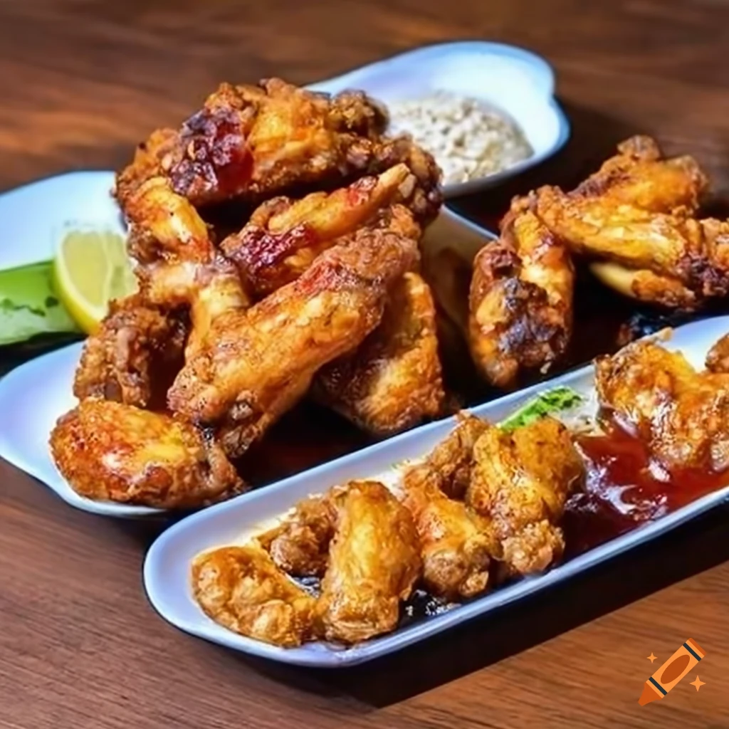 Wooden table with plates of crispy chicken wings in various sauces