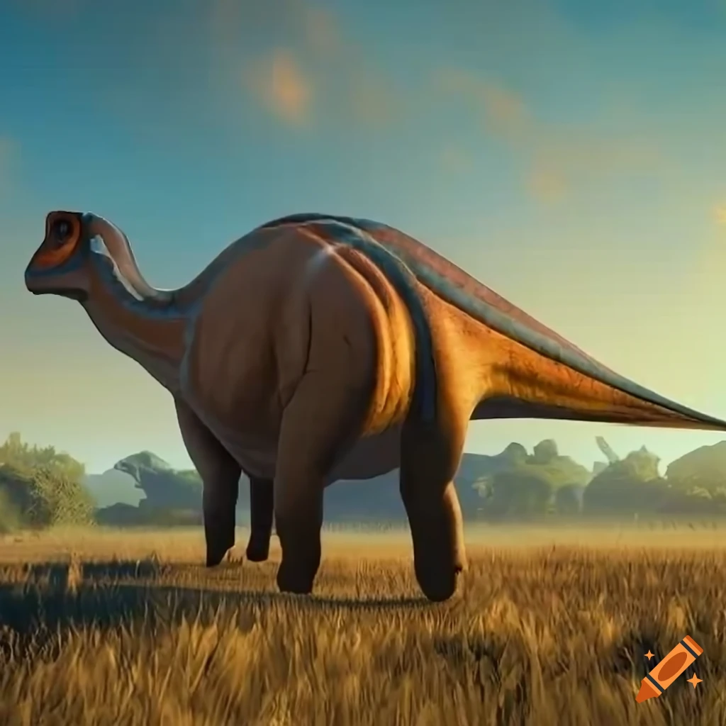 Rear view of a striped Hadrosaurus dinosaur in warm morning light