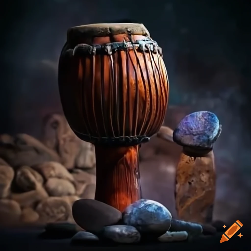 Djembe and electric guitar on psychedelic colored stones on Craiyon