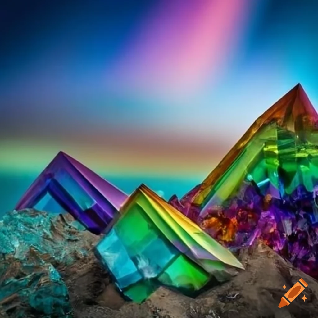 Landscape of rainbow colored crystals on Craiyon